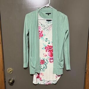 Staccato Mint Green Cardigan with Floral Blouse